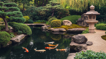 Koi fish in the Japanese garden. Beautiful landscape design of Japanese garden.の写真素材