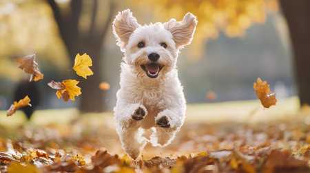 Cute white dog running in the autumn park with yellow leaves.の写真素材