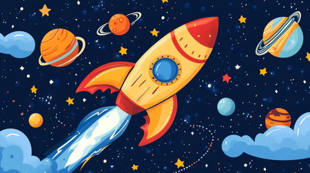 Cartoon space background with rocket, planets and stars. Vector illustrationの写真素材