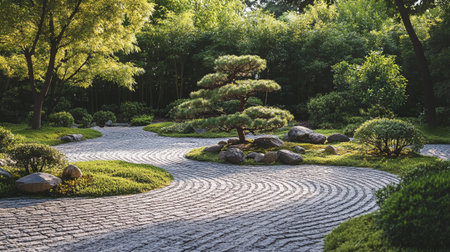 Japanese garden with stone walkway and green trees at sunset in summer