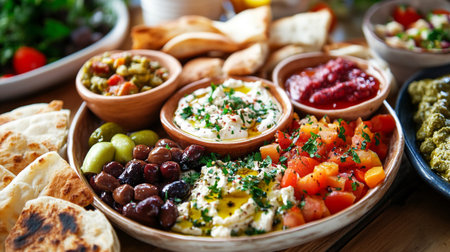 assorted greek appetizers on the wooden table, selective focusの写真素材