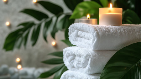 Towels with burning candles and green leaves on blurred background, closeup