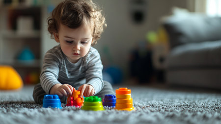 Cute little baby boy playing with colorful toy blocks on carpet at home