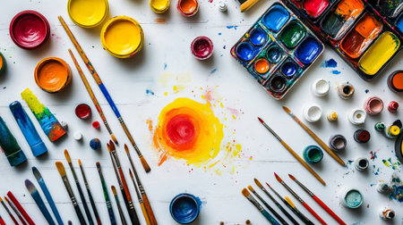 Paint brushes and paints on white wooden background. Top view.