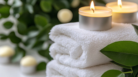 Beautiful spa composition with candles and towels on table, closeupの写真素材