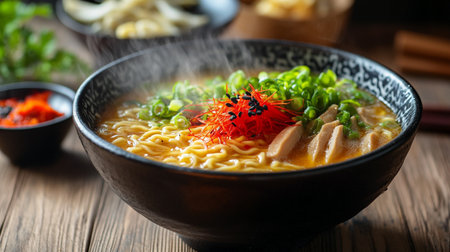 Japanese ramen noodle soup in a bowl on a wooden table