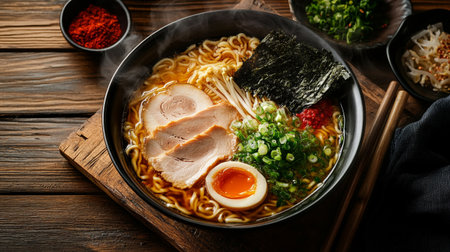 Japanese ramen noodle soup with sliced pork in bowl on wooden background