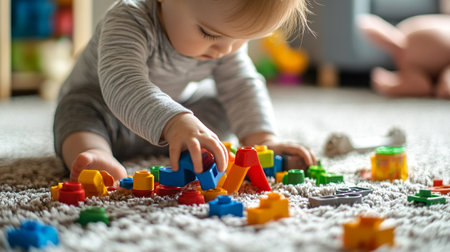 Cute baby boy playing with colorful plastic blocks on carpet at home