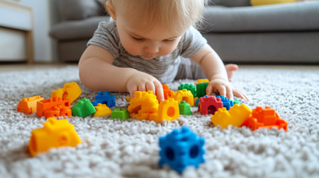 Cute baby playing with colorful plastic blocks on the floor at home
