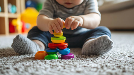 Cute little baby boy playing with colorful wooden toy pyramid at homeの写真素材