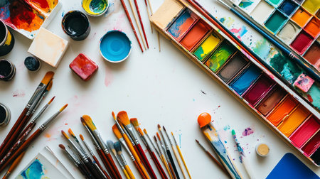 Paint brushes and paints on a white background. Top view.の写真素材