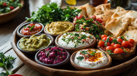 Variety of hummus in bowls on wooden background, closeup