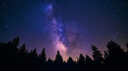 Milky Way and Pine Tree Silhouette in the Night Skyの写真素材