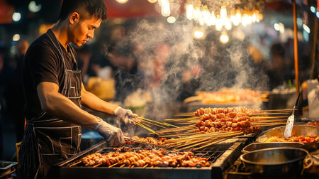 Asian street vendor selling grilled shish kebab at night marketの写真素材