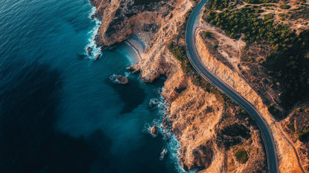 Aerial view of a winding road in the coast of Cyprus.