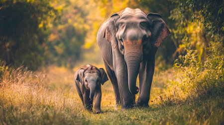 Asian elephant with baby in Chitwan National Park, Nepal.の写真素材