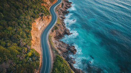 Aerial view of a winding road in the sea. Top viewの写真素材
