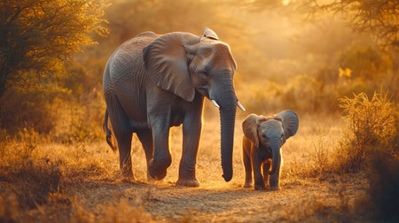 Baby elephant with mother in Okavango Delta, Botswana, Africaの写真素材