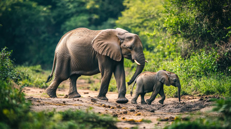 Baby elephant with mother in Chobe National Park, Botswana, Africaの写真素材