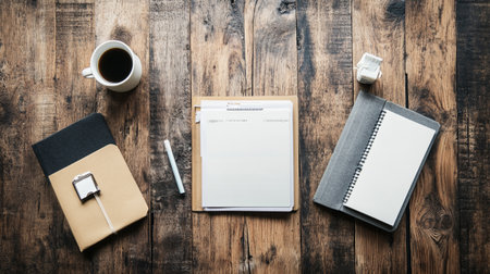 Notepad and coffee cup on wooden table. Top view with copy space