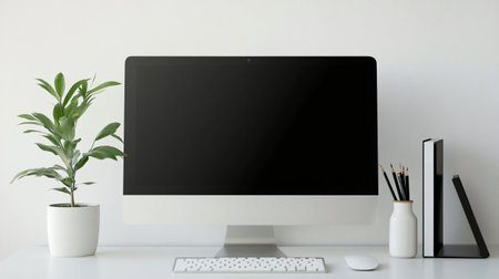 Close up of modern workspace with blank black computer screen, keyboard, stationery and plant. Mock upの写真素材