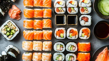 Sushi set. Sushi rolls with salmon, tuna, caviar, cream cheese, cucumber, wasabi, ginger and soy sauce. Japanese food backgroundの写真素材