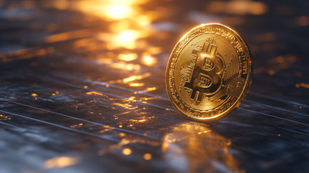 Golden Bitcoin. Cryptocurrency concept. Digital currency. Golden bitcoin on a dark background.