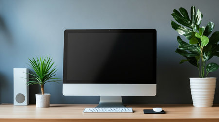 Workplace with computer, keyboard, mouse and plant on wooden table