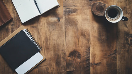 Top view of wooden table with notepad and cup of coffee.の写真素材