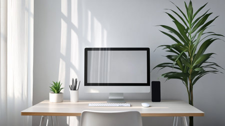 Workplace with computer, keyboard, mouse and plant. 3D rendering
