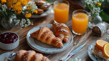 Breakfast with coffee, croissants and orange juice on wooden tableの写真素材