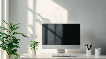 Close up of modern designer desktop with blank computer screen, keyboard, stationery and decorations...
