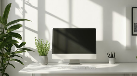 Computer on white table in modern room. 3d render illustration.の写真素材