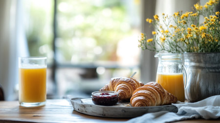 Breakfast with coffee, croissants and orange juice on wooden tableの写真素材