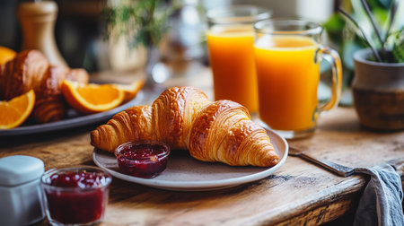 Breakfast with coffee, croissants and orange juice on wooden tableの写真素材