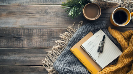 Cozy winter concept. Cup of coffee, knitted scarf, notebook and pen on wooden background.