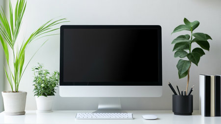 Close up of modern desktop with blank screen computer, keyboard, coffee cup and houseplantの写真素材
