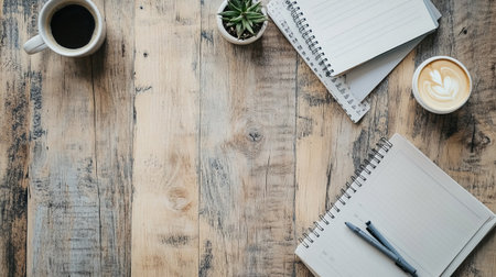 Top view of coffee cup and notebook on wooden table with copy spaceの写真素材