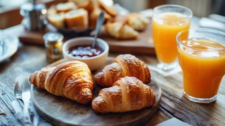 Breakfast with coffee and croissants on a wooden table.の写真素材