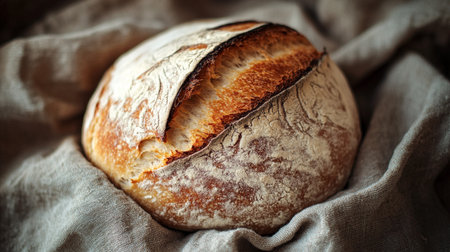 Freshly baked bread on a linen tablecloth. Selective focus.