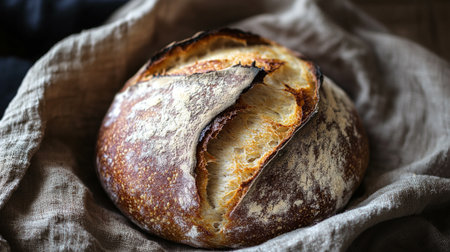 Freshly baked sourdough bread on rustic wooden table.