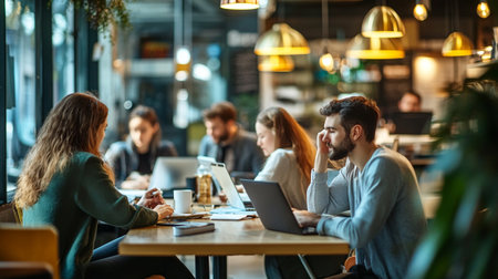 Group of young business people working together in a coffee shop. Selective focus.