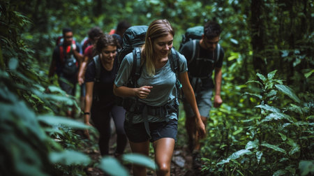 Group of friends hiking in the forest. Hiking lifestyle concept.の写真素材