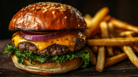 Cheese burger - American cheese burger with Golden French fries on wooden backgroundの写真素材