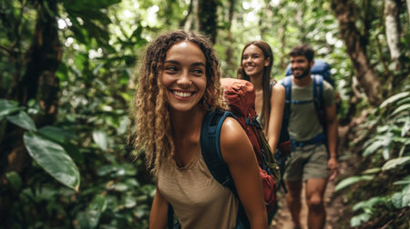 Group of friends with backpacks hiking in tropical forest. They are smiling and looking at camera.の写真素材