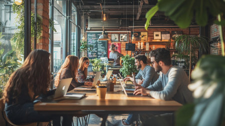 Group of business people discussing business plan  in a coffee shop.の写真素材