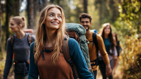 Group of friends hiking in the forest. They are looking at camera and smiling.