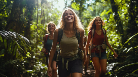 Group of friends hiking in the forest. They are having fun.の写真素材