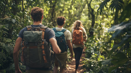 Back view of group of friends with backpacks hiking in tropical forestの写真素材