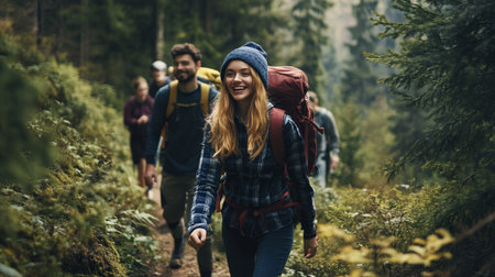 Group of friends hiking together in the forest. Hiking concept.